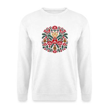 Polnische Volks-Weihnachtsäpfel und Vögel - Unisex Pullover - Weiß - Vorne - Alina (178cm) & Michal (187cm)
