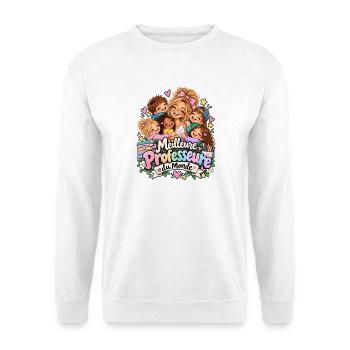 Beste Lehrkraft der Welt – Fröhliche Klasse - Unisex Pullover - Weiß - Vorne - Alina (178cm) & Michal (187cm)