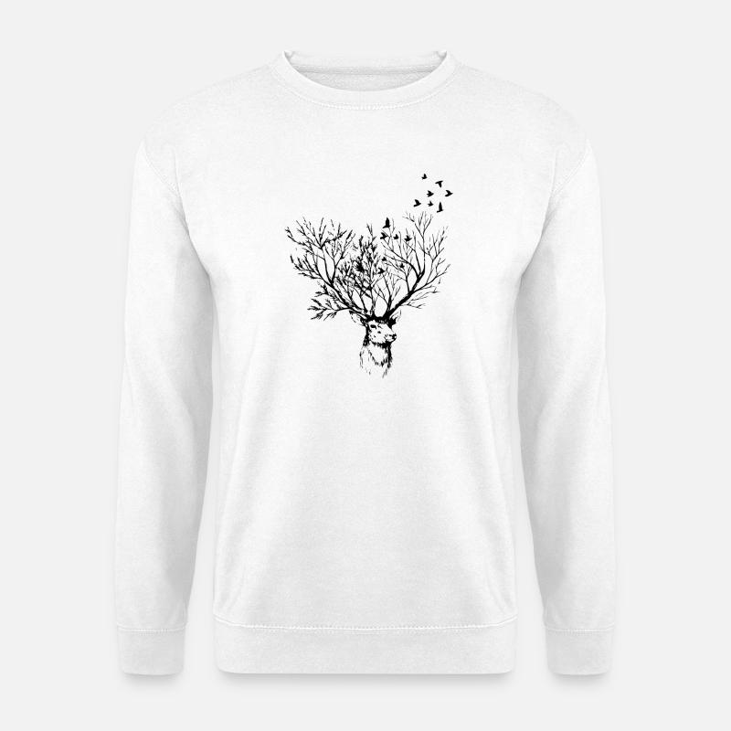 Kunsvoller Hirschkopf mit Vögeln - Unisex Pullover - Weiß