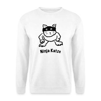 Ninja Katze – Lustiges Katzenmotiv mit Maske - Unisex Pullover - Weiß - Vorne - Alina (178cm) & Michal (187cm)