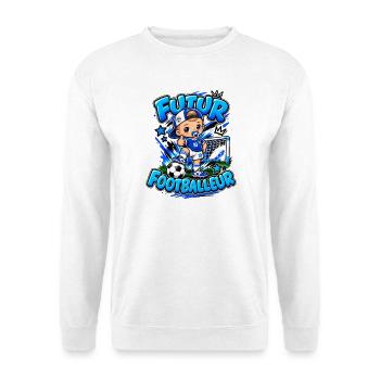 Zukünftiger Fußballer: Farbenfrohes Fußballbaby - Unisex Pullover - Weiß - Vorne - Alina (178cm) & Michal (187cm)