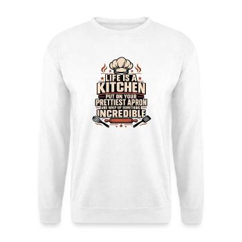 Inspirierende Kochküche Queen Souschef-Backe - Unisex Pullover - Weiß - Vorne - Alina (178cm) & Michal (187cm)