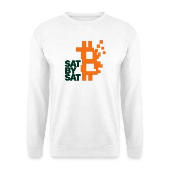 Bitcoin Sat by Sat – Symbol im Aufbau - Unisex Pullover - Weiß - Vorne - Alina (178cm) & Michal (187cm)