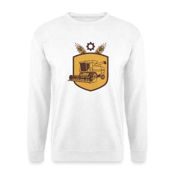 Lohnunternehmen Wappen Mähdrescher – personalisier - Unisex Pullover - Weiß - Vorne - Alina (178cm) & Michal (187cm)
