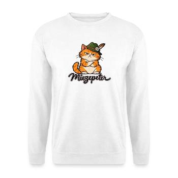 Miezepeter – Grummelige Katze mit Trachtenhut - Unisex Pullover - Weiß - Vorne - Alina (178cm) & Michal (187cm)