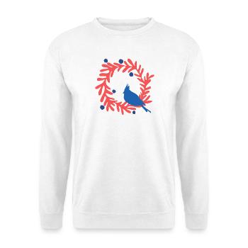 Weihnachtsbild, blauer Vogel auf rotem Kranz - Unisex Pullover - Weiß - Vorne