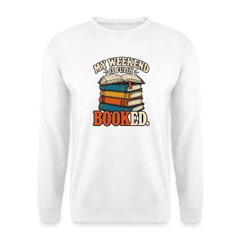 My Weekend Is Fully Booked – Bücher Retro - Unisex Pullover - Weiß - Vorne - Alina (178cm) & Michal (187cm)