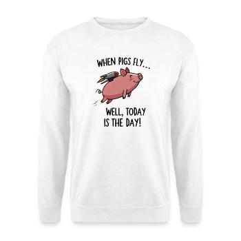 Schwein mit Rakete – Heute gehts los - Unisex Pullover - Weiß - Vorne - Alina (178cm) & Michal (187cm)