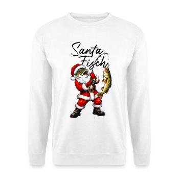 Santa Fisch Weihnachtsmann mit Fischkopf angeln - Unisex Pullover - Weiß - Vorne - Alina (178cm) & Michal (187cm)