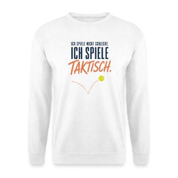 Ich spiele taktisch Lustiger Tennis Spruch - Unisex Pullover - Weiß - Vorne - Alina (178cm) & Michal (187cm)