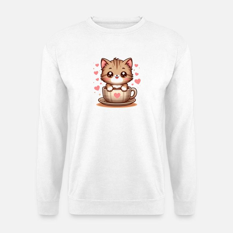 Katze mit Kaffeebecher 2 - Unisex Pullover - Weiß