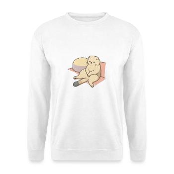 Entspannende Katze im Bett mit Kissen - Unisex Pullover - Weiß - Vorne - Alina (178cm) & Michal (187cm)