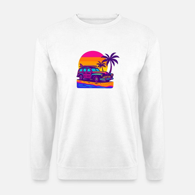 Retro Neon Strandurlaub mit Surfbrett Surf Woody - Unisex Pullover - Weiß