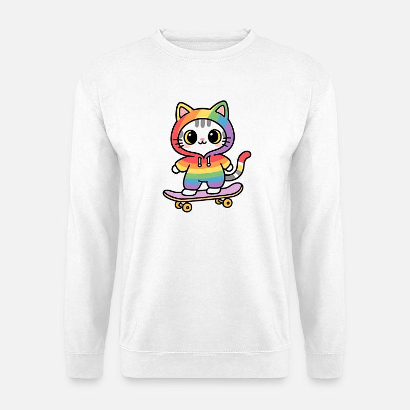 Regenbogenkatze auf Skateboard - Unisex Pullover - Weiß