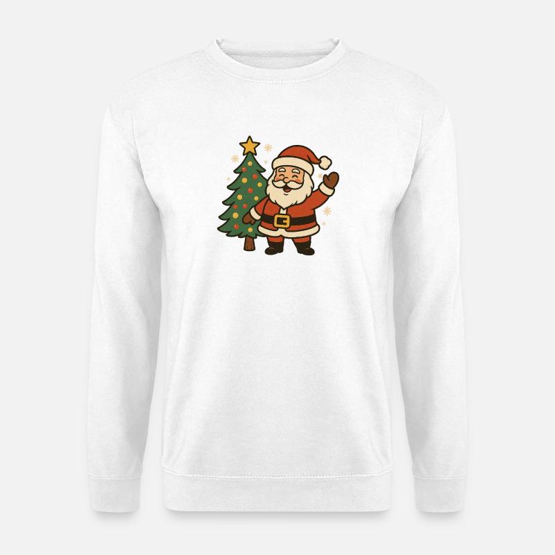 Fröhlicher Weihnachtsmann neben Baum - Unisex Pullover - Weiß