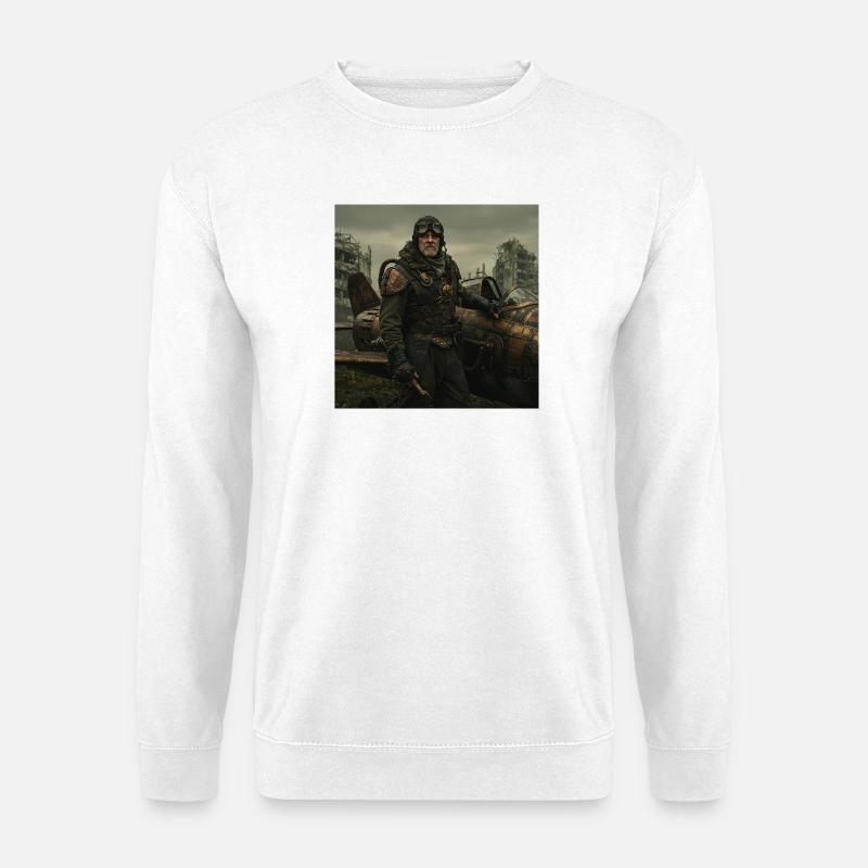 Steampunk-Pilot auf postapokalyptischen Ruinen - Unisex Pullover - Weiß