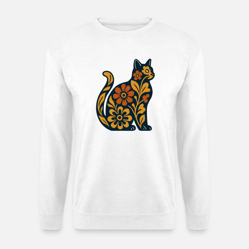 Blütenkatze auf Nachtblau - Unisex Pullover - Weiß