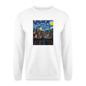 Kosmische Katze über mondbeschienener Stadt - Unisex Pullover - Weiß - Vorne