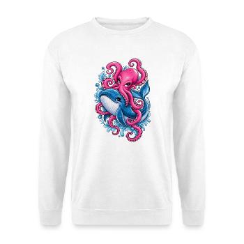 Krake & Wal – Buntes Meeresmotiv - Unisex Pullover - Weiß - Vorne - Alina (178cm) & Michal (187cm)