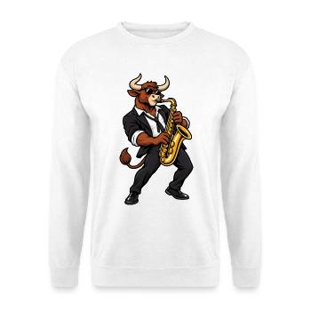 Stier mit Saxophon – Sternzeichen - Unisex Pullover - Weiß - Vorne - Alina (178cm) & Michal (187cm)