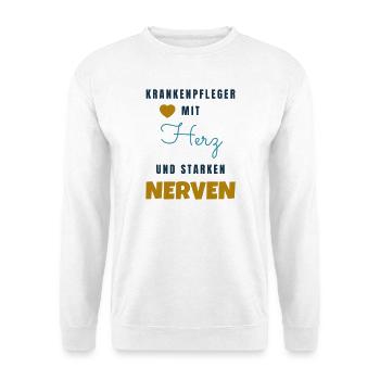 Krankenpfleger mit Herz und starken Nerven - Unisex Pullover - Weiß - Vorne - Alina (178cm) & Michal (187cm)