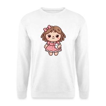 Süße Puppe mit rosa Kleid, die ein Geisterplüschtier hält - Unisex Pullover - Weiß - Vorne - Alina (178cm) & Michal (187cm)