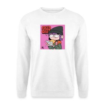 Gierige Burger Cartoon Motiv - Unisex Pullover - Weiß - Vorne - Alina (178cm) & Michal (187cm)