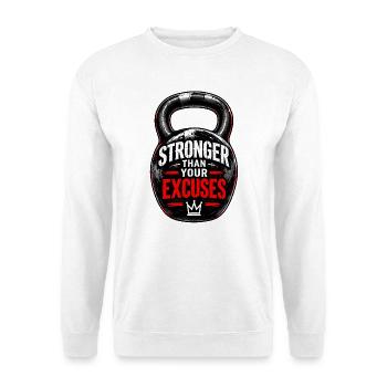 Stärker als deine Ausreden – Motivation fürs Fitnessstudio - Unisex Pullover - Weiß - Vorne - Alina (178cm) & Michal (187cm)