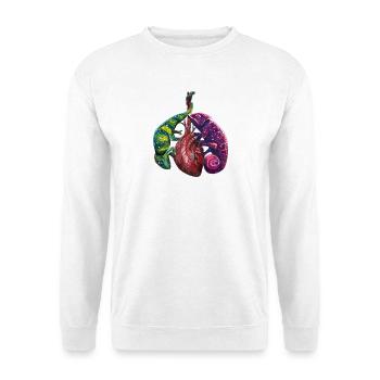Chamäleons auf menschlichem Herz - Unisex Pullover - Weiß - Vorne - Alina (178cm) & Michal (187cm)