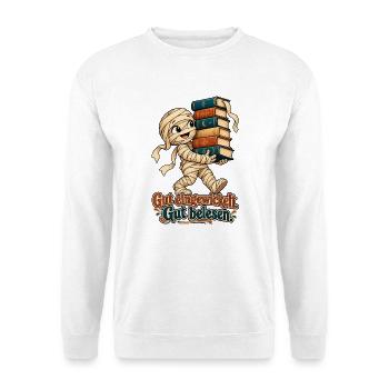 Lesende Mumie: Gut eingewickelt, gut belesen - Unisex Pullover - Weiß - Vorne - Alina (178cm) & Michal (187cm)