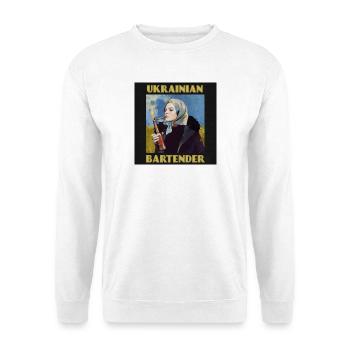 Porträt eines ukrainischen Barkeepers mit Molotowcocktail - Unisex Pullover - Weiß - Vorne - Alina (178cm) & Michal (187cm)