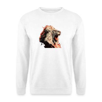 Löwenporträt im Flammenlook - Unisex Pullover - Weiß - Vorne - Alina (178cm) & Michal (187cm)