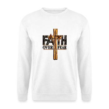 Faith Over Fear – Glaube statt Angst Kreuz - Unisex Pullover - Weiß - Vorne - Alina (178cm) & Michal (187cm)