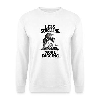 Weniger Scrollen, mehr Graben – Gartenmaulwurf - Unisex Pullover - Weiß - Vorne - Alina (178cm) & Michal (187cm)