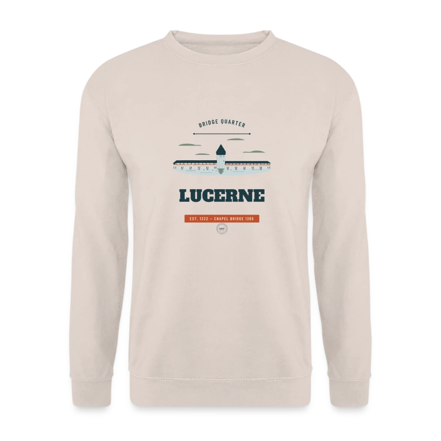 Lucerne badge on a unisex sweatshirt, sand