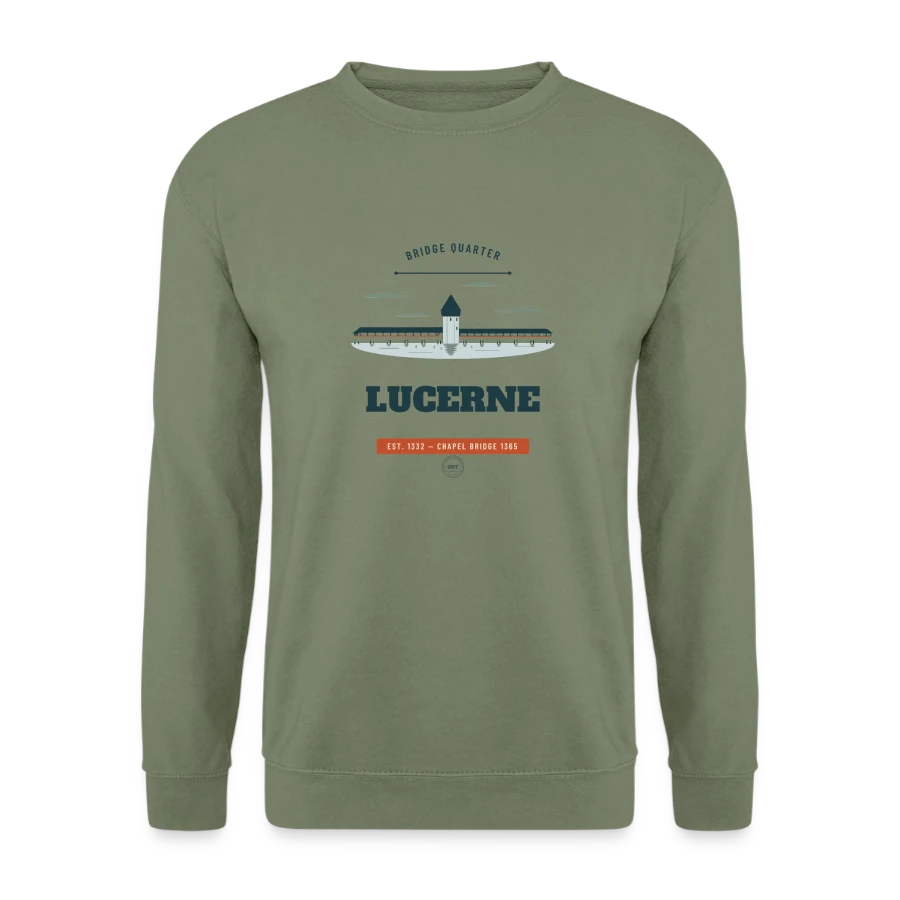 Lucerne badge on a unisex sweatshirt, army green