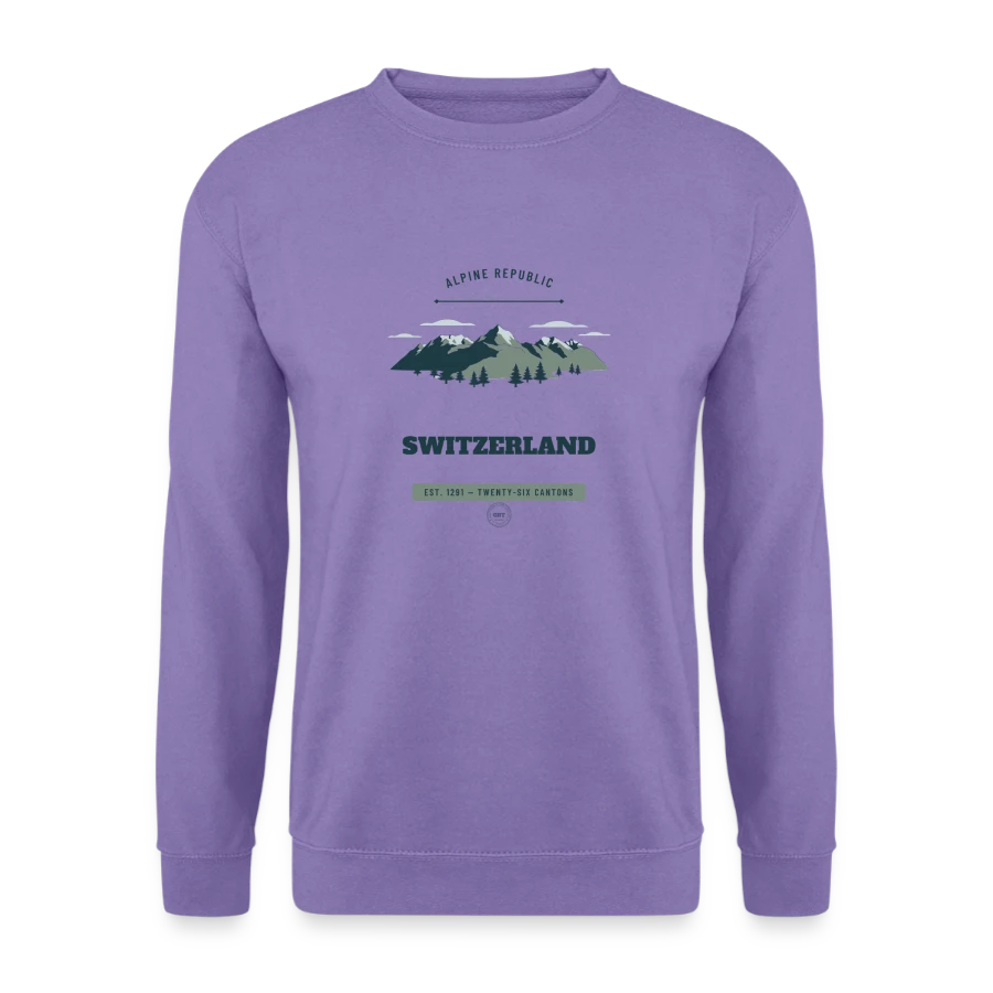 Switzerland badge on a unisex sweatshirt, lavender