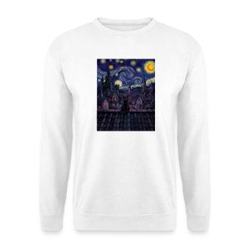 Mitternachtskatze über wirbelnder Skyline - Unisex Pullover - Weiß - Vorne