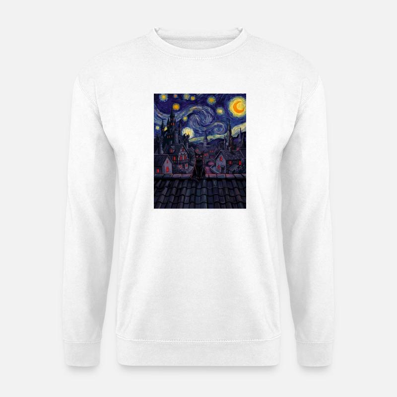Midnight Cat Over Swirling Skyline - Unisex Sweatshirt - white