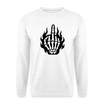 Skelett Mittelfinger Hand Flammen Schwarz - Unisex Pullover - Weiß - Vorne - Alina (178cm) & Michal (187cm)