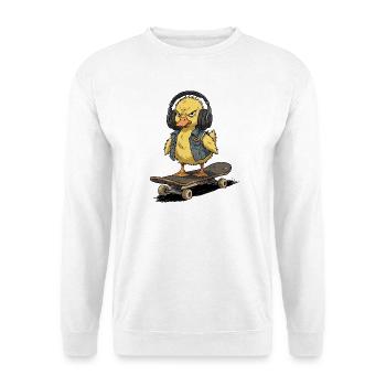 Rebellische Ente auf Skateboard - Unisex Pullover - Weiß - Vorne - Alina (178cm) & Michal (187cm)