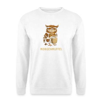 Morgenmuffel-Eule mit Kaffee - Unisex Pullover - Weiß - Vorne - Alina (178cm) & Michal (187cm)