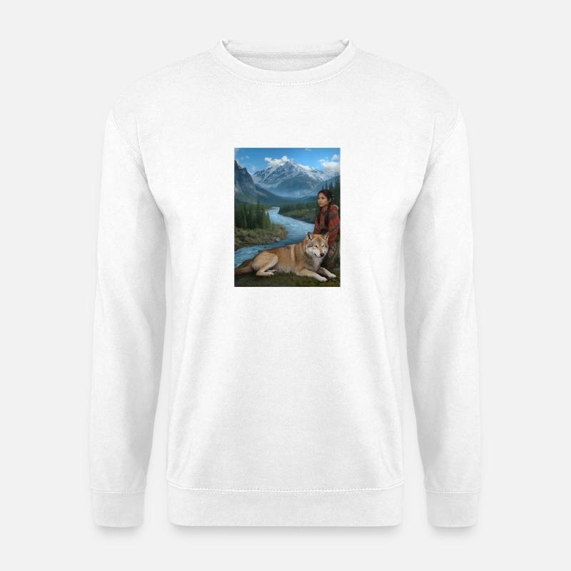 Wilde Berglandschaft mit Wolf und Frau - Unisex Pullover - Weiß