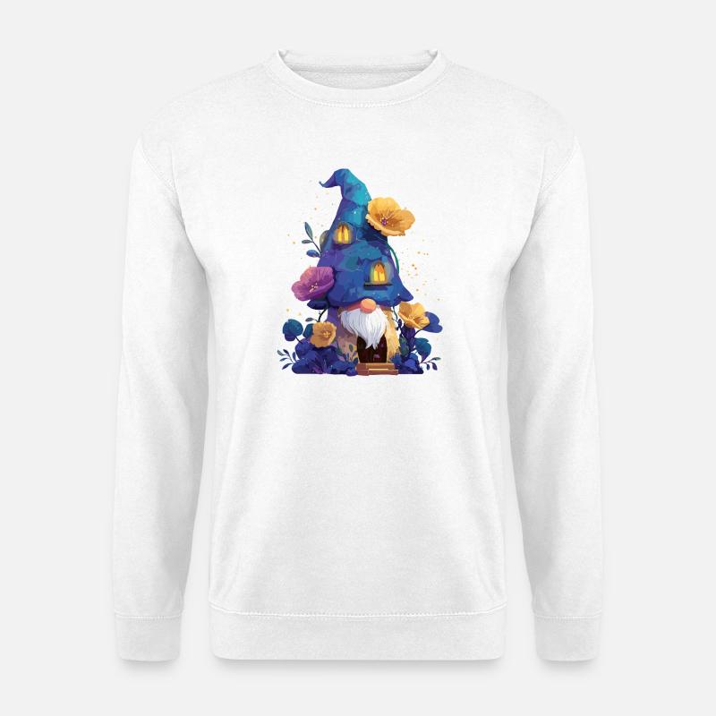Blauer Gnom im Blütenhaus - Unisex Pullover - Weiß