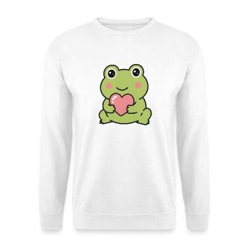 Süßer Kawaii-Frosch hält einen rosa Herzaufkleber - Unisex Pullover - Weiß - Vorne