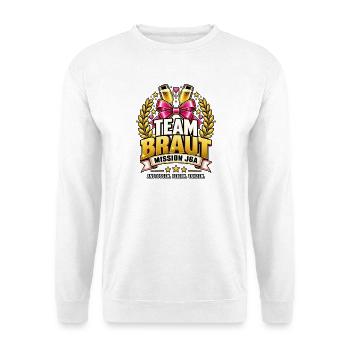 Team Braut – Mission JGA - Unisex Pullover - Weiß - Vorne - Alina (178cm) & Michal (187cm)