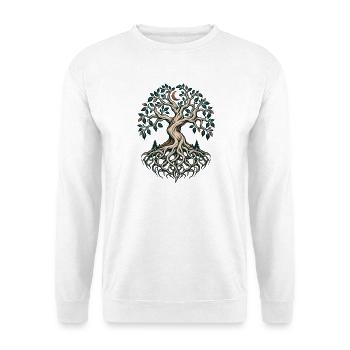Lebensbaum mit Wurzeln und Mondsichel - Unisex Pullover - Weiß - Vorne - Alina (178cm) & Michal (187cm)