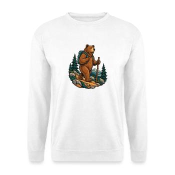 Wanderbär mit Rucksack im Wald - Unisex Pullover - Weiß - Vorne - Alina (178cm) & Michal (187cm)