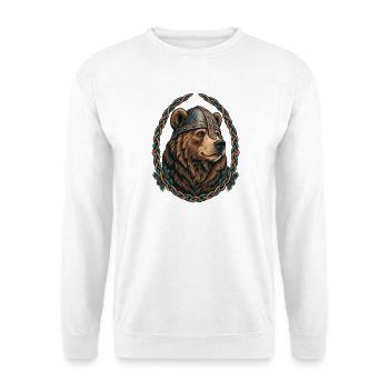Nordischer Bärenkopf mit Helm und Flechtornament - Unisex Pullover - Weiß - Vorne - Alina (178cm) & Michal (187cm)