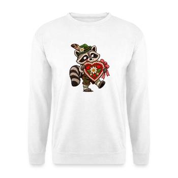 Waschbär mit Lebkuchenherz - Unisex Pullover - Weiß - Vorne - Alina (178cm) & Michal (187cm)